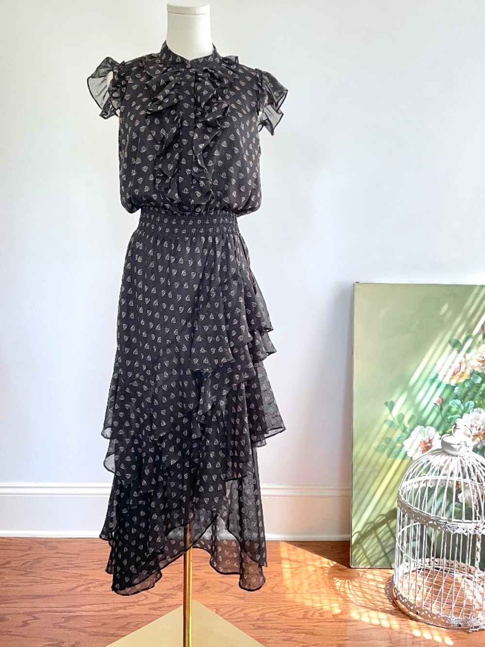 MISA LA Ruffle Midi Dress Chiffon Sheer Layered Whimsigoth Coquette Romantic